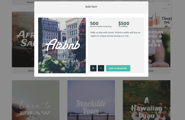 ギフトを設定する画面。Airbnbのクレジットやディズニーランドのチケットなんてものも用意されています。