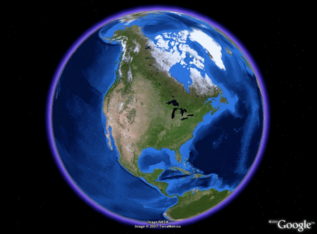グーグルアースで青いマーブル模様の地球